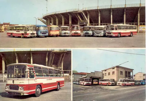 Cartolina d'epoca: il parco mezzi davanti allo stadio e al deposito